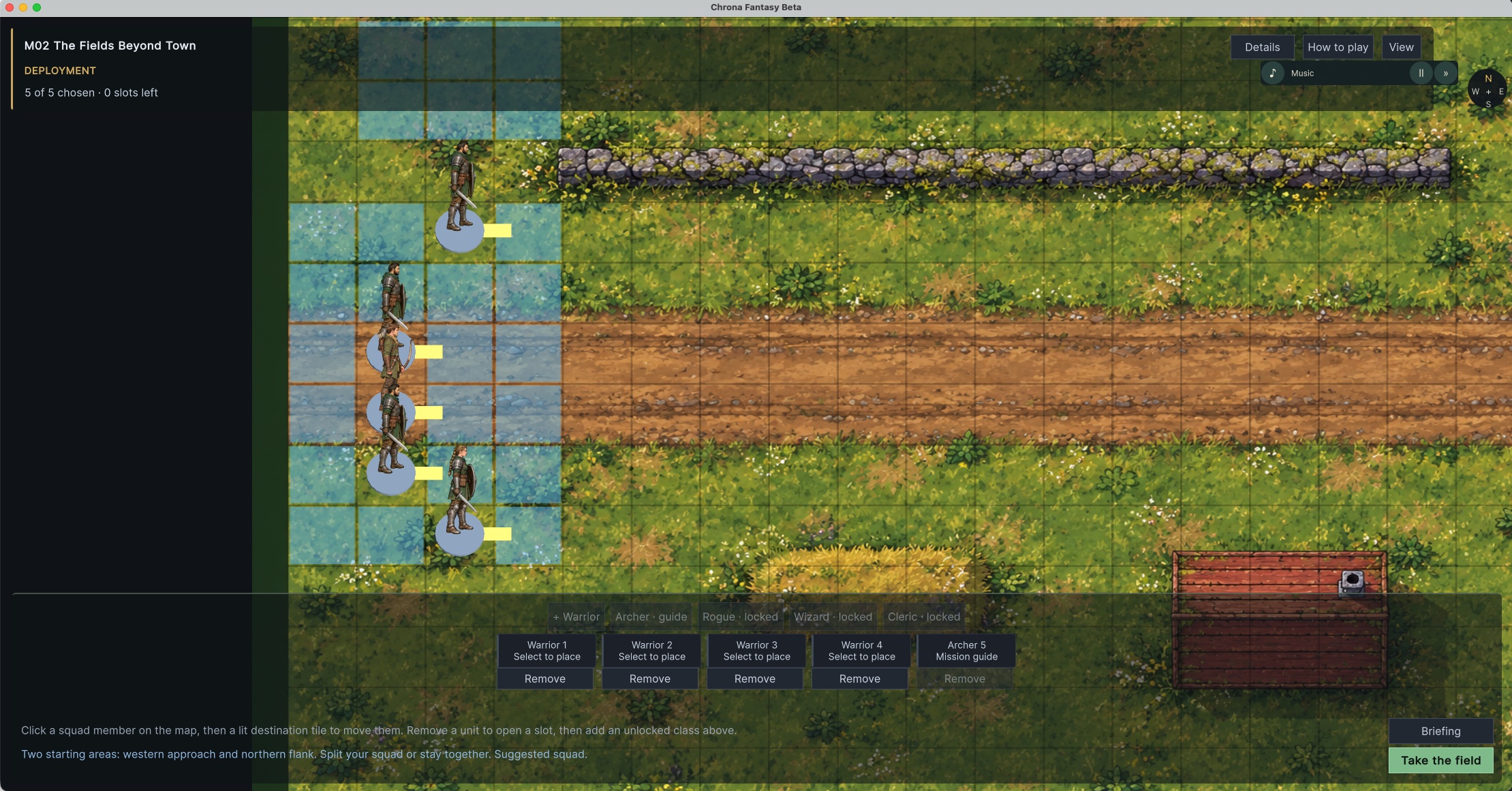 Squad deployment with highlighted starting tiles, warriors and an archer.