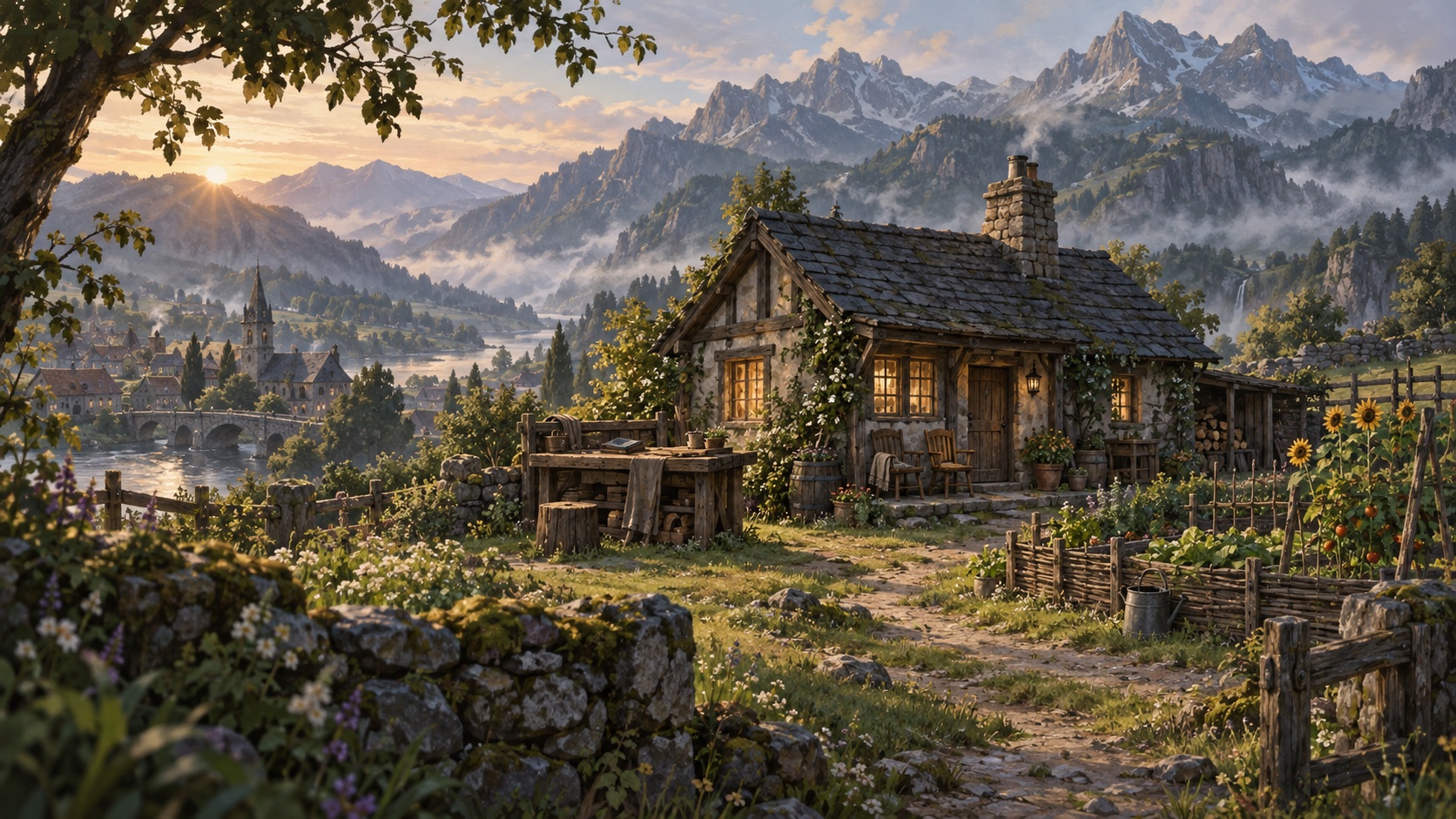 A quiet frontier cottage beneath distant mountains