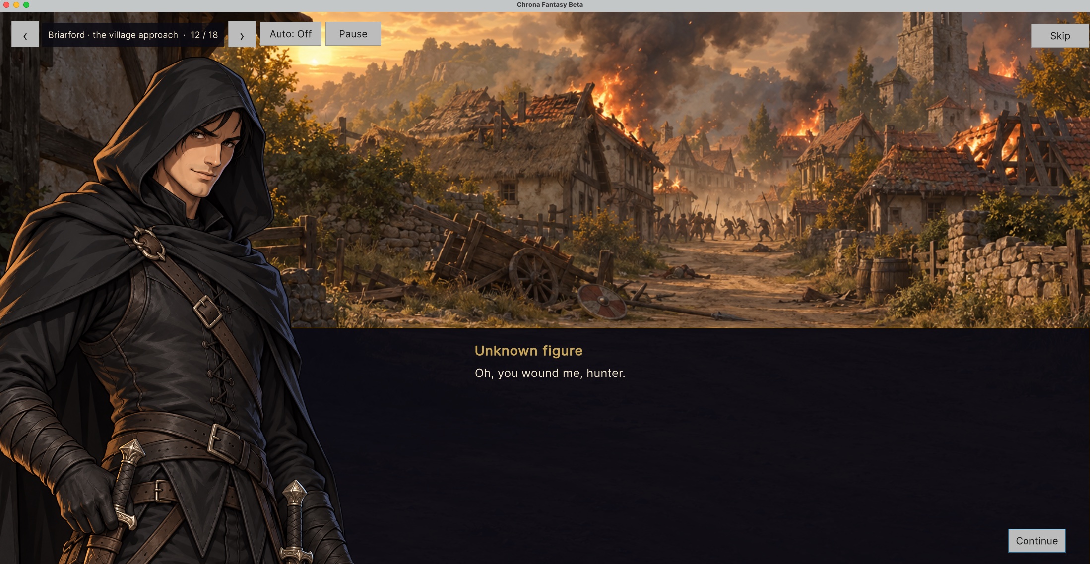 A hooded rogue speaks in an illustrated dialogue scene outside burning Briarford.