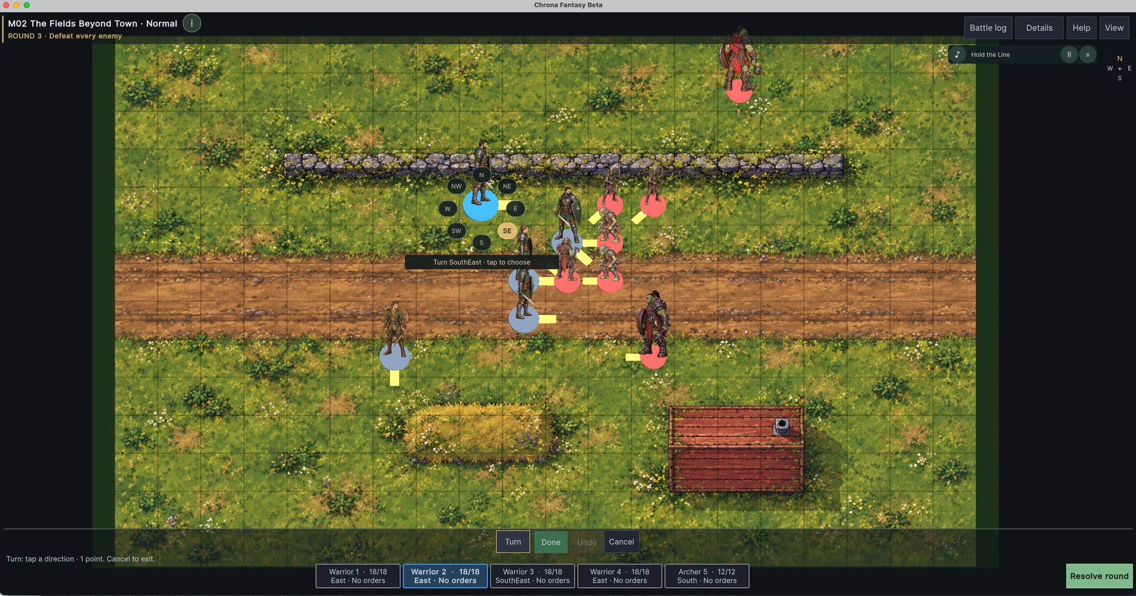 Selected warrior with directional turning choices and order controls.